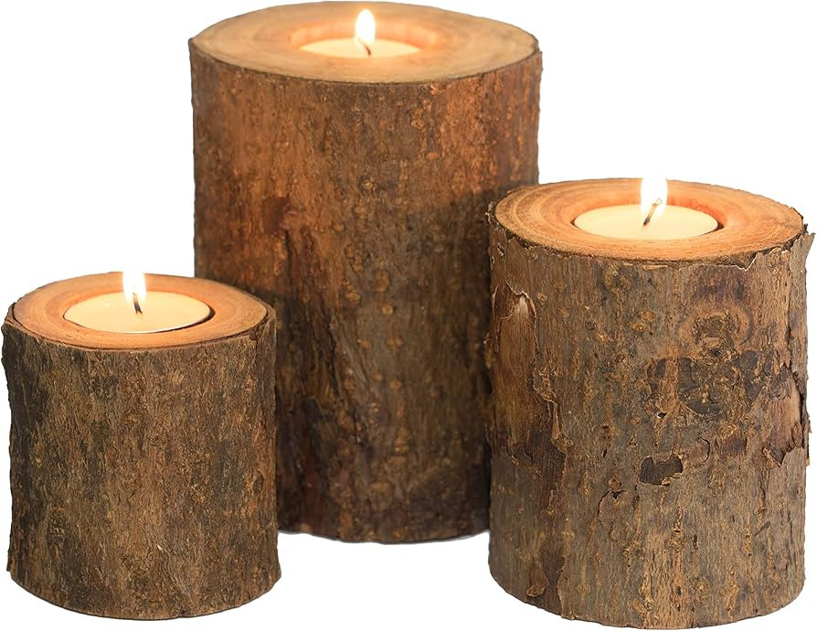 Bark Wooden Pillar Tree Stump Candle Holders Set of 3 – Rustic Wood Candle Holders, Decorative ... | Amazon (US)
