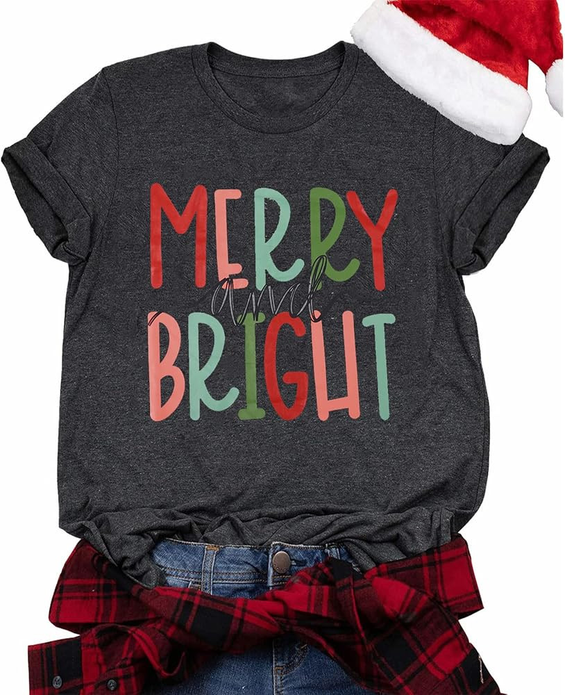 FBPQJYW Merry Bright Shirt Women Merry Christmas Shirts Funny Christmas Lights Graphic Tees Xmas ... | Amazon (US)