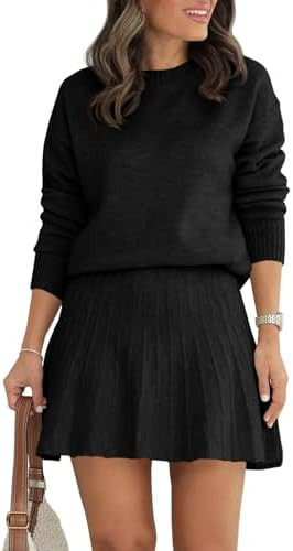 Tankaneo Womens Skirt 2 Piece Sweater Set Long Sleeve Crewneck Sweaters Pleated Mini Skirt Knit L... | Amazon (US)