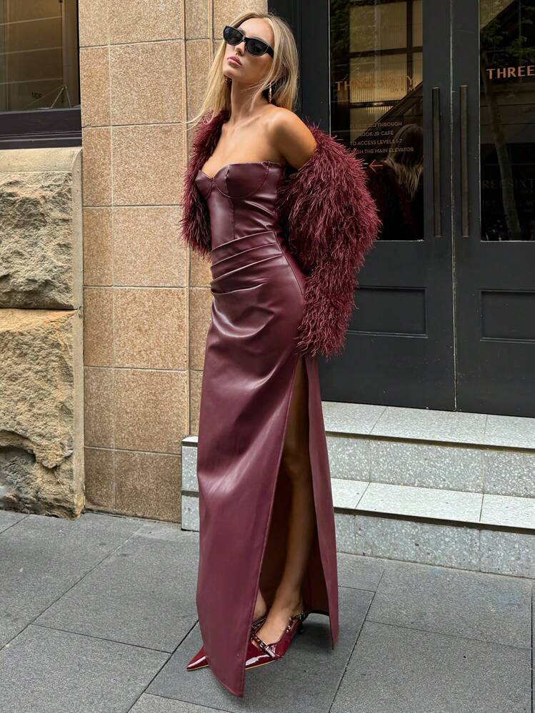 Aloruh Women's Winter Dress, Elegant Ladies' Autumn/Winter New Arrivals PU Leather Solid Wine Red... | SHEIN