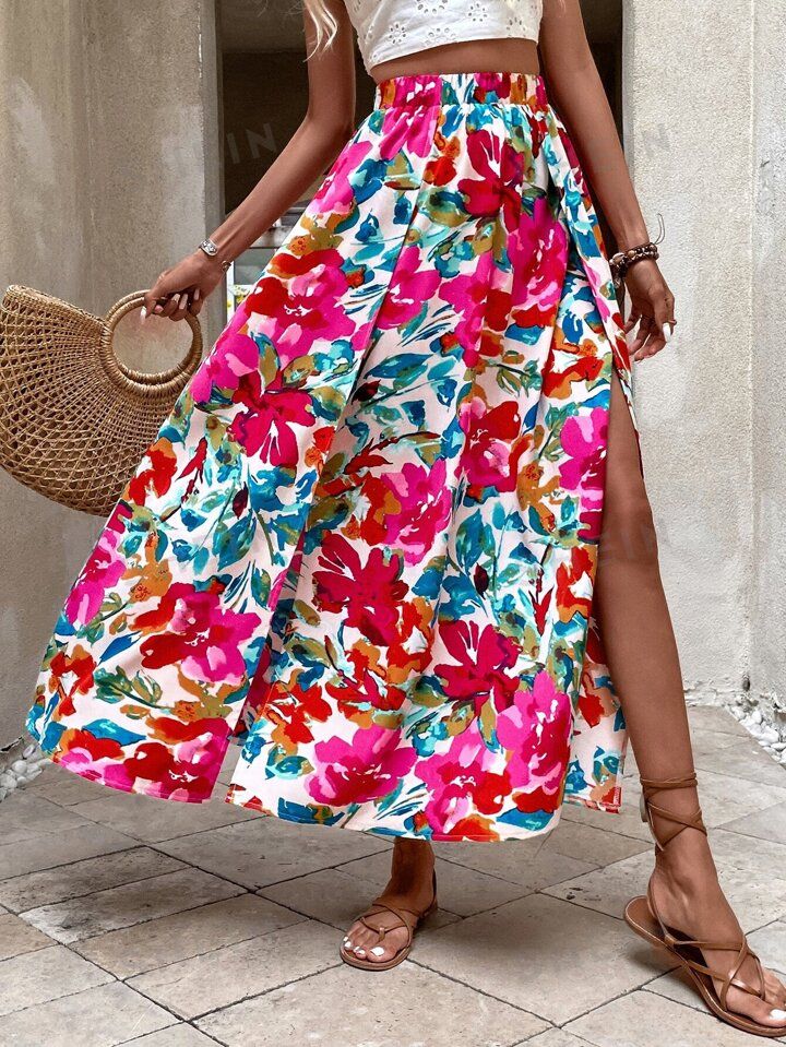 SHEIN VCAY Floral Print Split Thigh Skirt | SHEIN