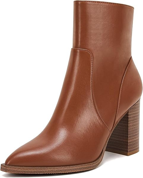 Women's Pointed Toe Ankle Boots Chunky Stacked Heel Side Zipper Faux Leather Ankle Booties | Amazon (US)