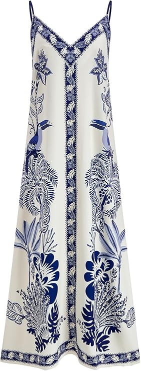 Women's Boho Print Deep V Neck Dress Summer Sleeveless Flowy Maxi Sundress Beach Vacation Clothes | Amazon (US)
