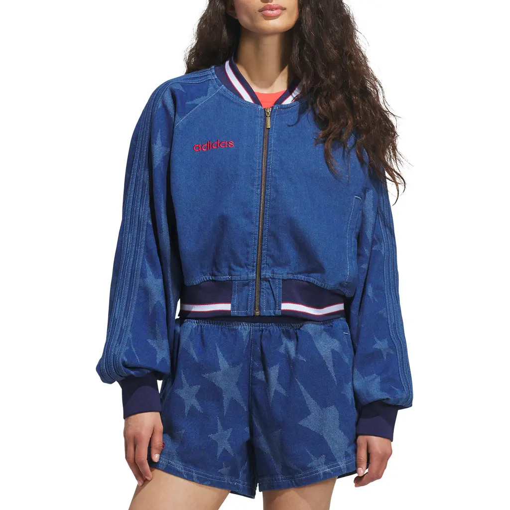 adidas Originals SST Denim Graphic Varsity Bomber Jacket in Medium Blue Denim at Nordstrom | Nordstrom
