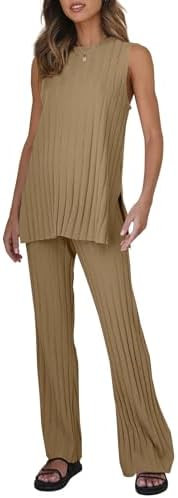 Tankaneo Two Pieces Outfits Sleeveless Top Knit Sets Trendy Lounge Long Pajamas Set | Amazon (US)