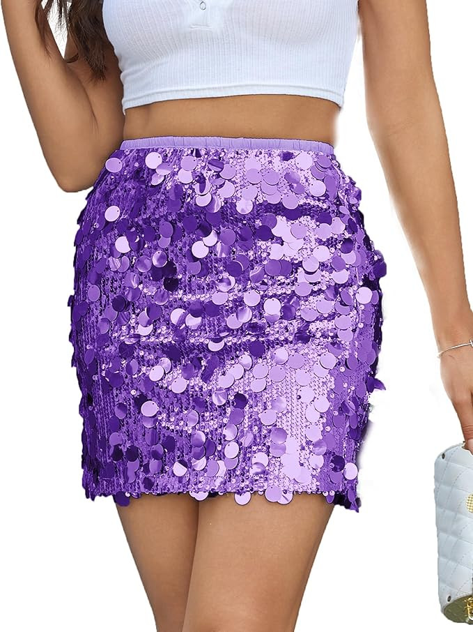 Women’s Sequin Skirt Stretchy Bodycon Sparkle Night Out Party Mini Skirt | Amazon (US)