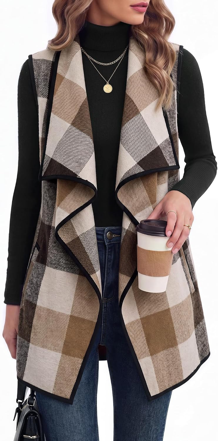 Zeagoo Women Vest Plaid Jackets Sleeveless Long Flannel Shirts with Pockets | Amazon (US)