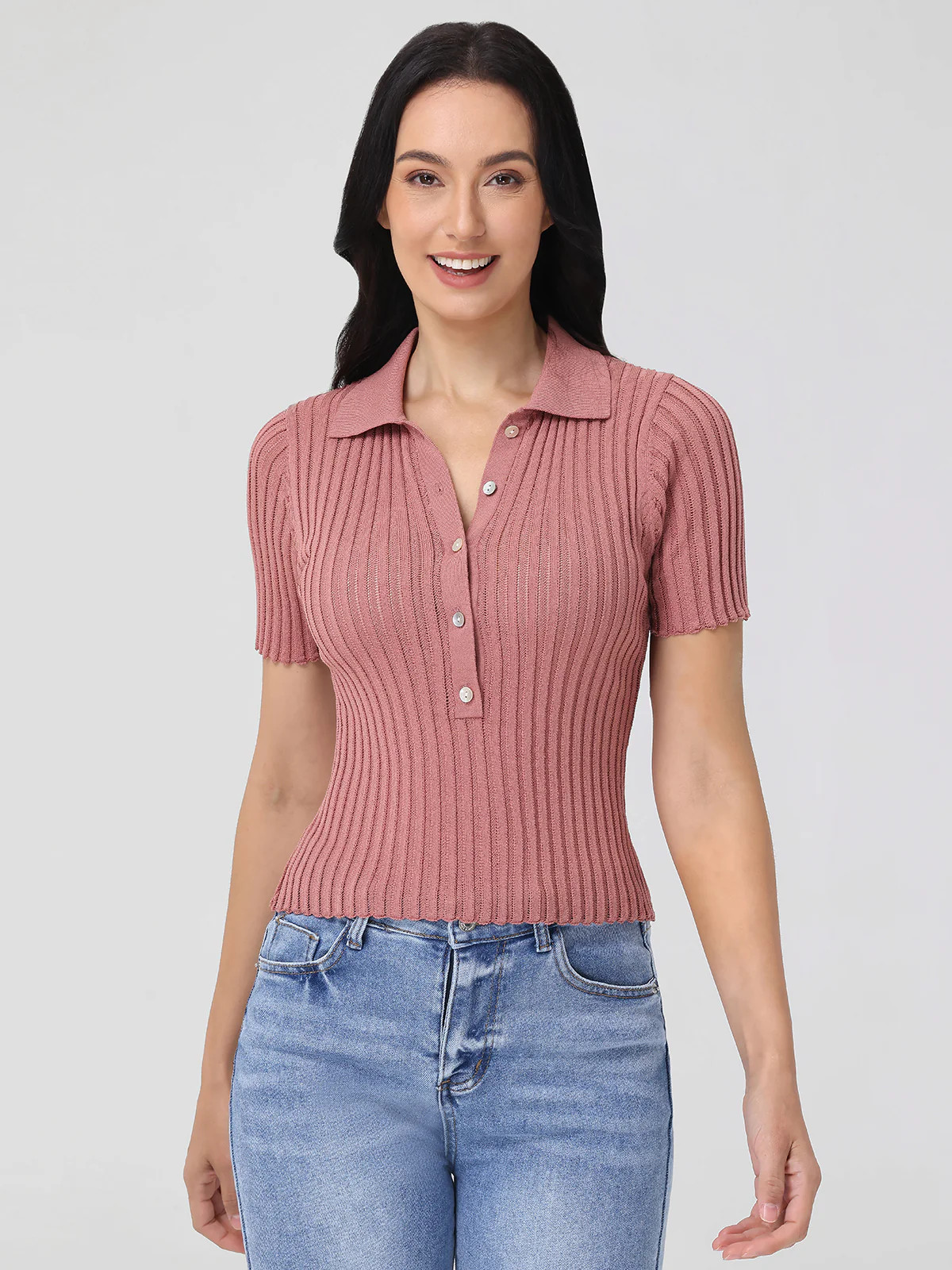 Maya: Johnny Collar Ribbed Top | 525 America