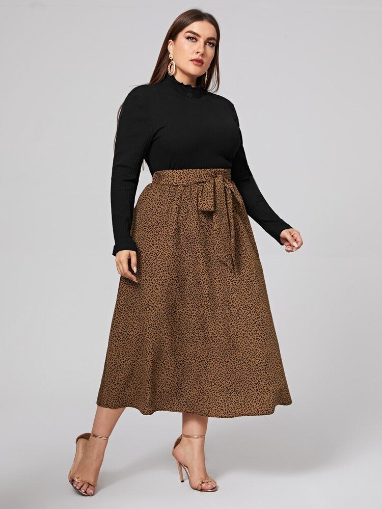 SHEIN Plus Lettuce Trim Rib-knit Tee & Self Belted Leopard Skirt Set | SHEIN