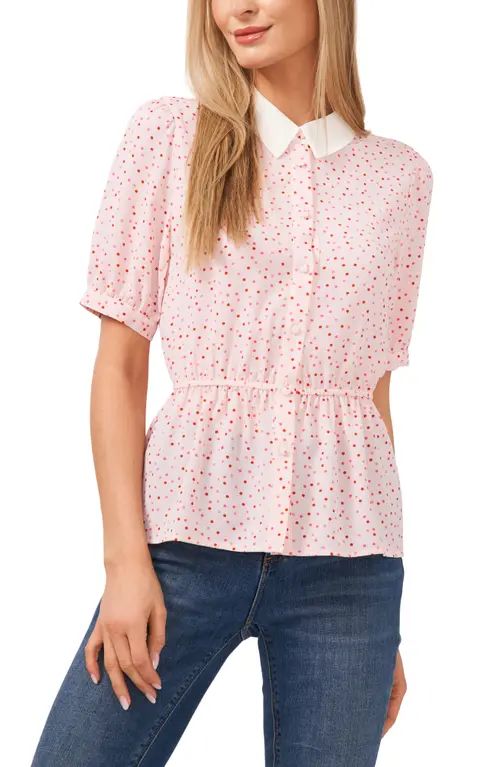 CeCe Ma Cherie Dot Puff Sleeve Peplum Shirt in Pink Salt at Nordstrom, Size Large | Nordstrom
