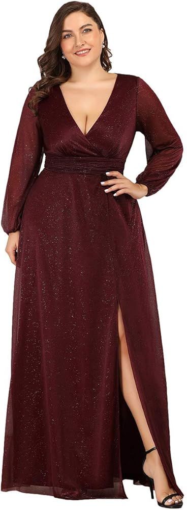 Ever-Pretty Women's Leg Slit V-Neck Sparkle Plus Size Evening Party Dress with Sleeves 0739-PZ | Amazon (US)