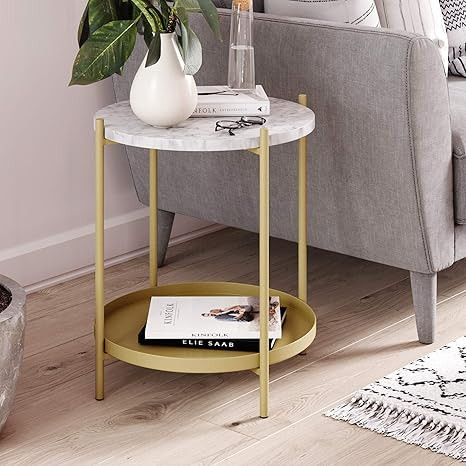 Nathan James Alexis Faux Marble Round End Side Table with Brass Metal Frame Storage, White/Gold | Amazon (US)