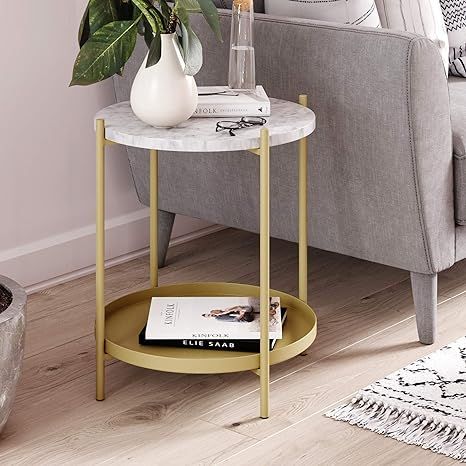 Nathan James Alexis Faux Marble Round End Side Table with Brass Metal Frame Storage, White/Gold | Amazon (US)
