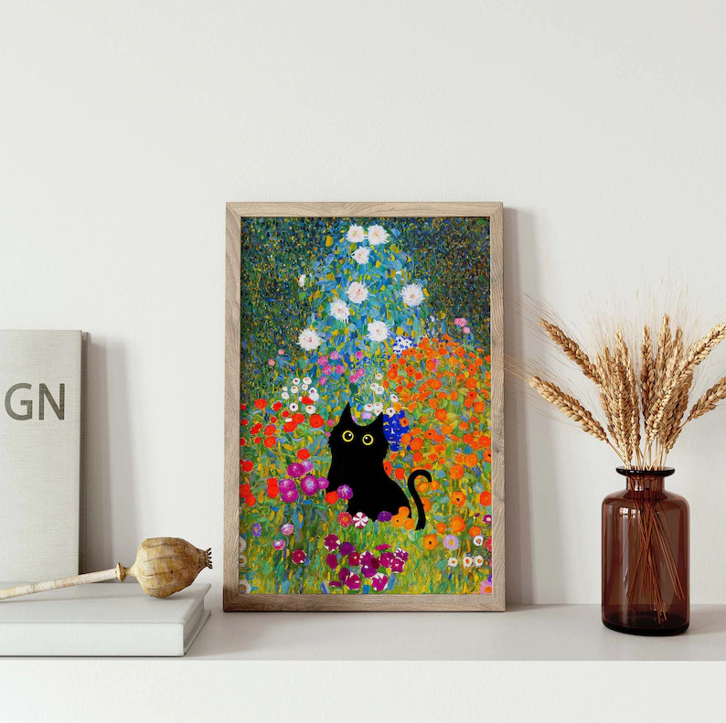 Gustav Klimt Garden Cat Print Klimt Flowers Cat Poster Black - Etsy | Etsy (US)
