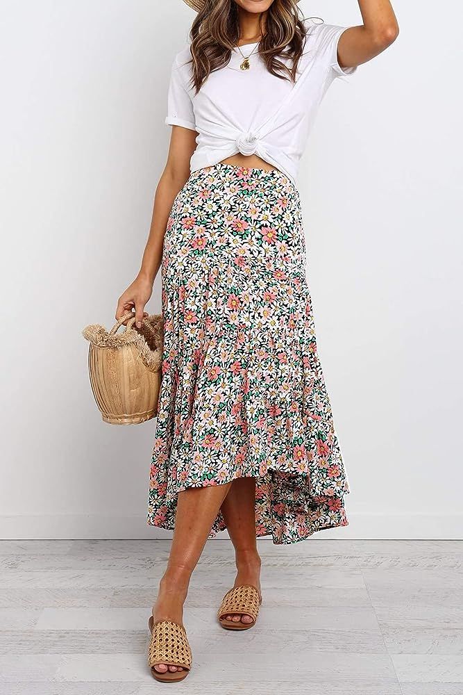 PRETTYGARDEN Women's Ditzy Floral Midi Boho Elastic High Waist Skirt | Amazon (US)