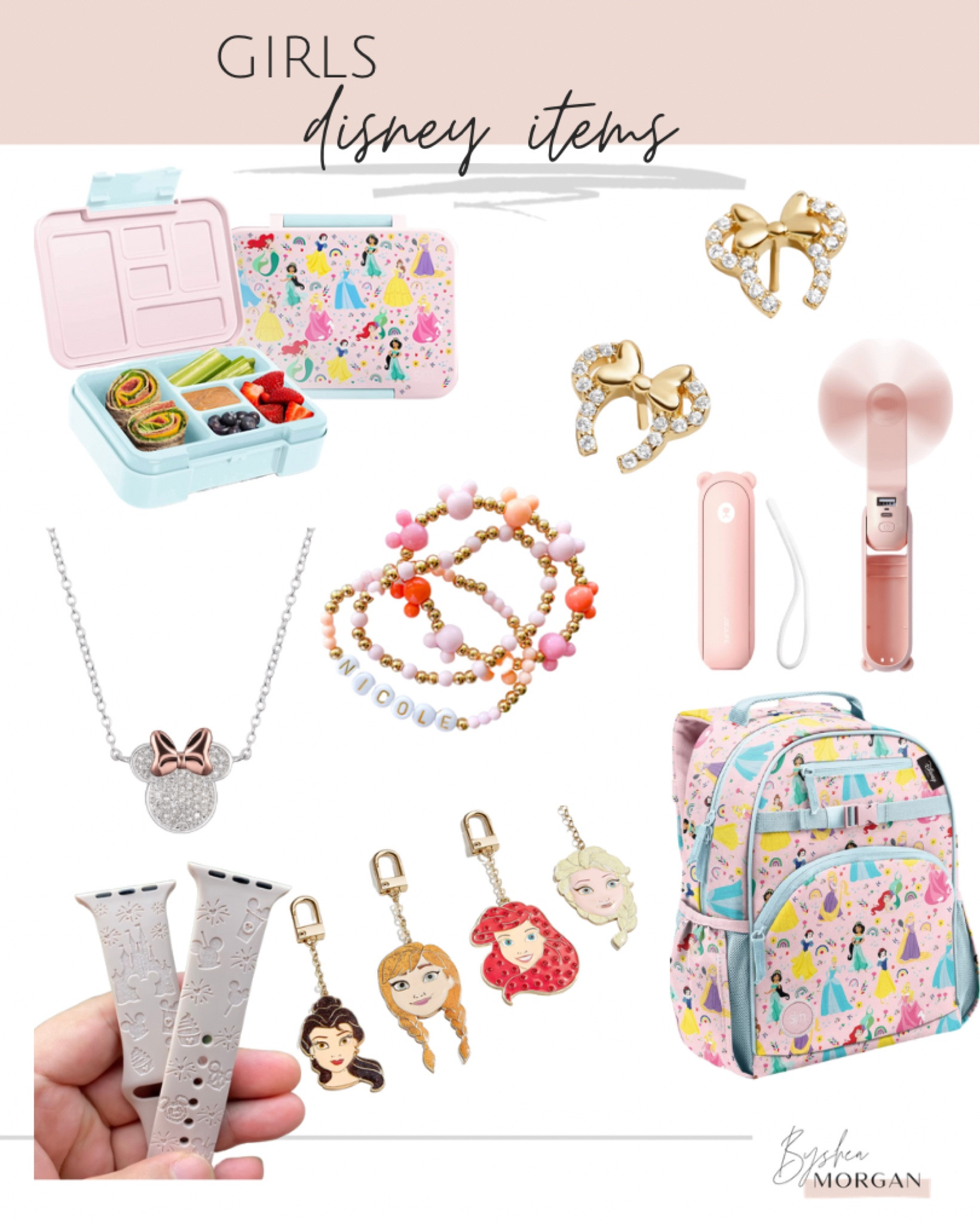 Disney must haves, princess backpack, Minnie Mouse earrings 