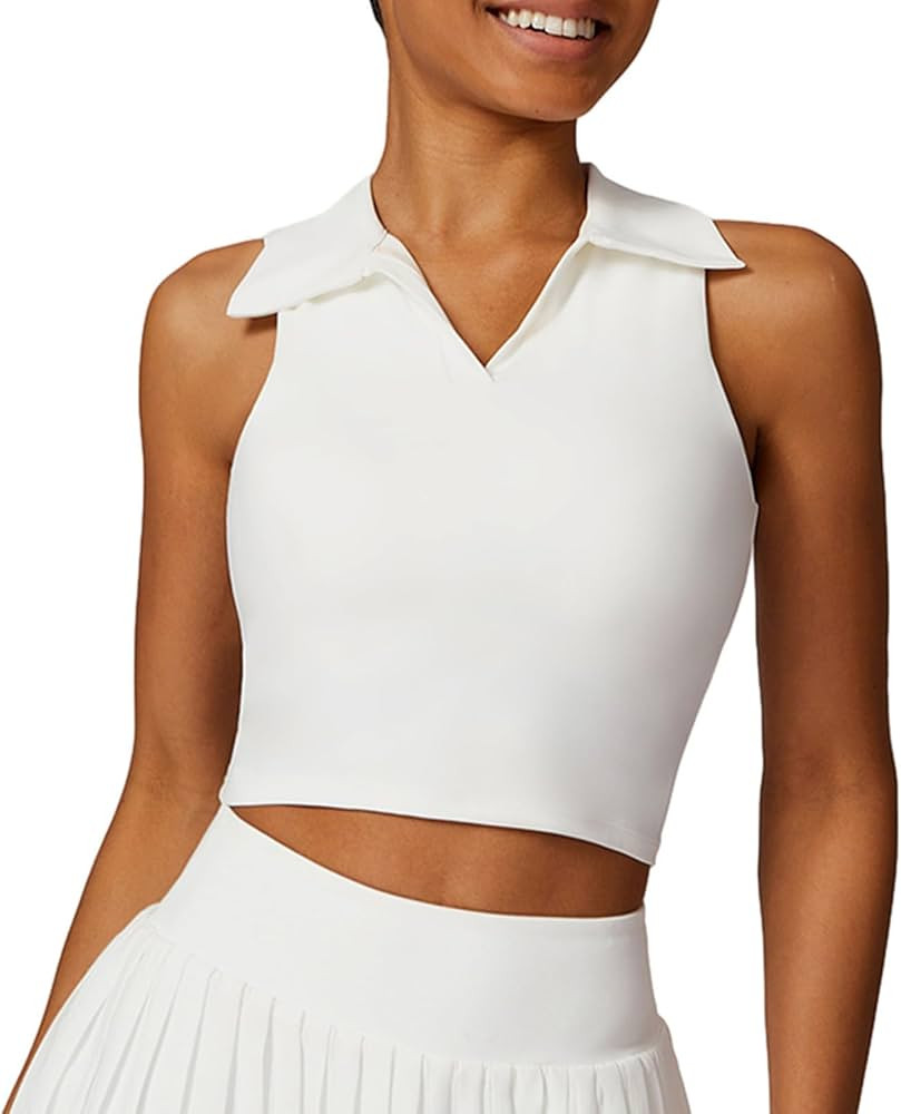 Hotfiary Women Workout Crop Top Athletic Tank Tops Tennis Golf Sleeveless Collar Vest Shirt Padde... | Amazon (CA)