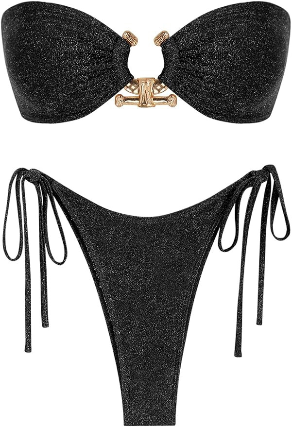 ZAFUL Metal Ring Bandeau Bikini Set Tie Side Bathing Suit High Cut 2 Piece Swimsuit Cutout Swimwe... | Amazon (US)