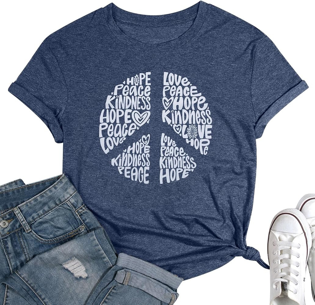Women Peace Sign Shirts Groovy Hippie Graphic Tshirt Casual Inspirational Short Sleeve Tee Tops | Amazon (US)