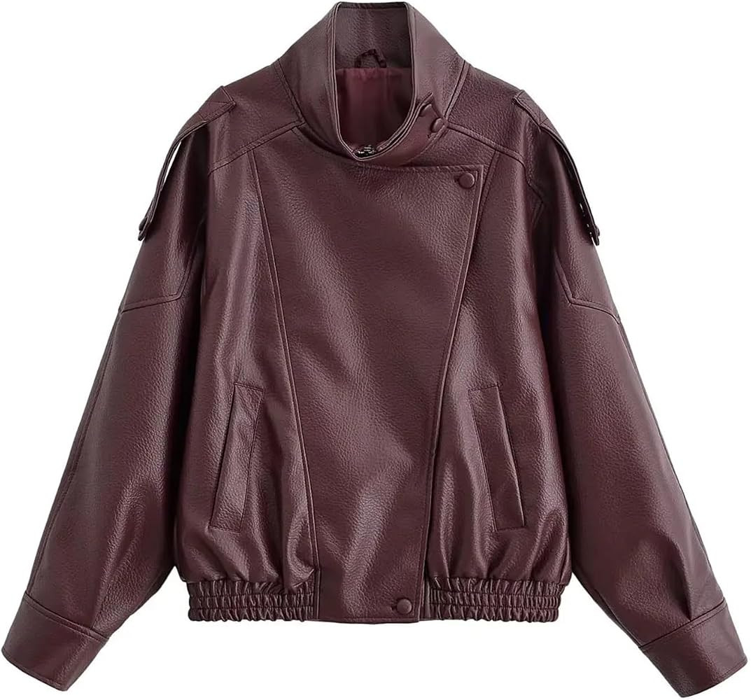 2025 Women's Faux Leather Oversized Jacket - Stand Collar Long Sleeve Moto Biker Coat, High Stree... | Amazon (UK)