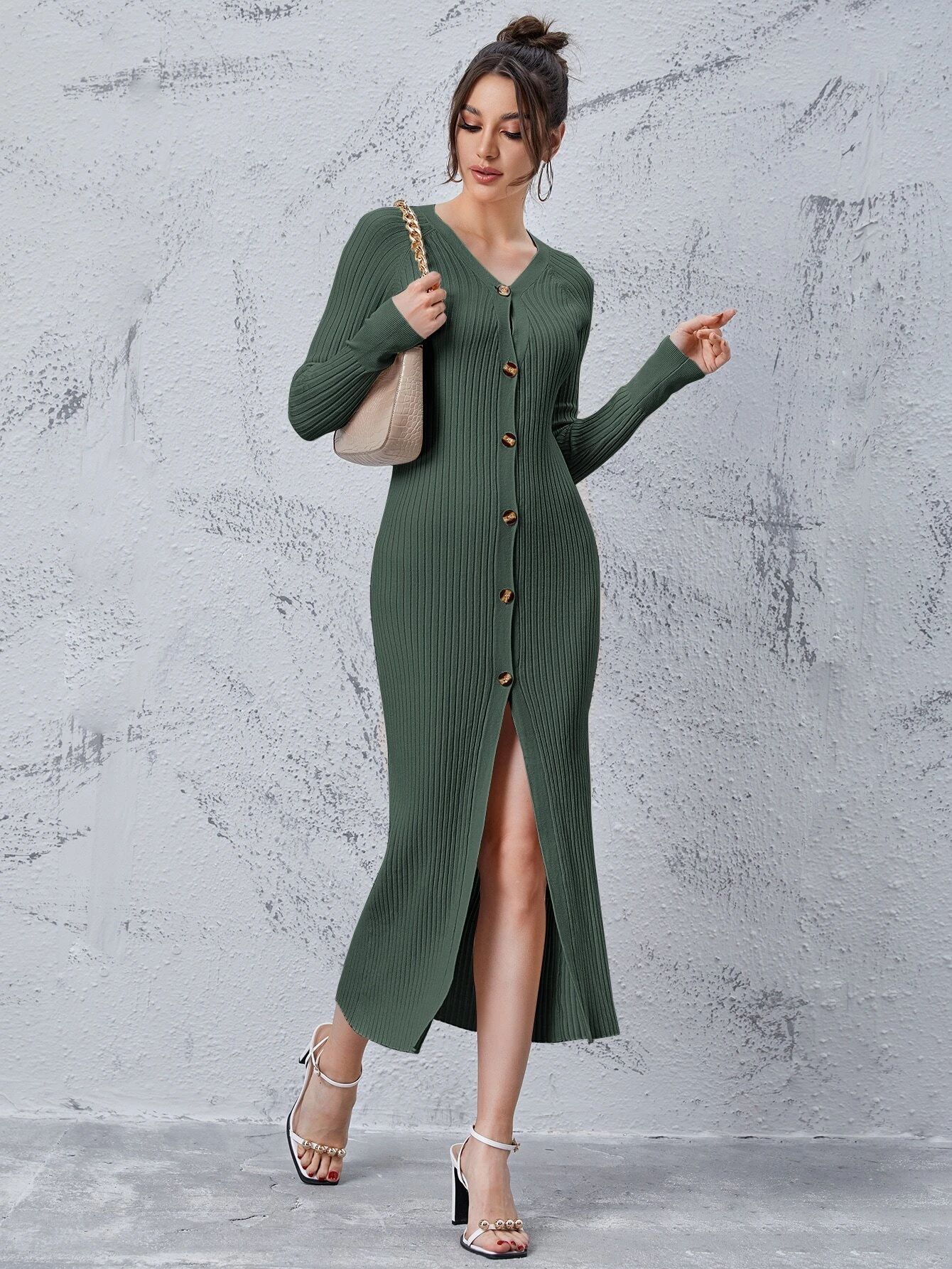 SHEIN Raglan Sleeve Button Front Rib-knit Sweater Dress | SHEIN