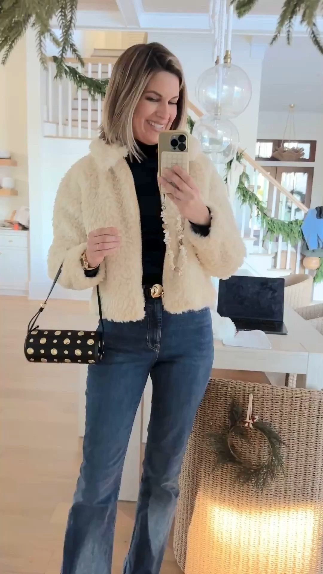 wearing small in the tops and 6 tall jeans. Size up one in the waist of the jeans.  Use my new customer discount code on full priced Spanx items.  RACHELXSPANX.  

#LTKgrwm #LTKHoliday #LTKTall