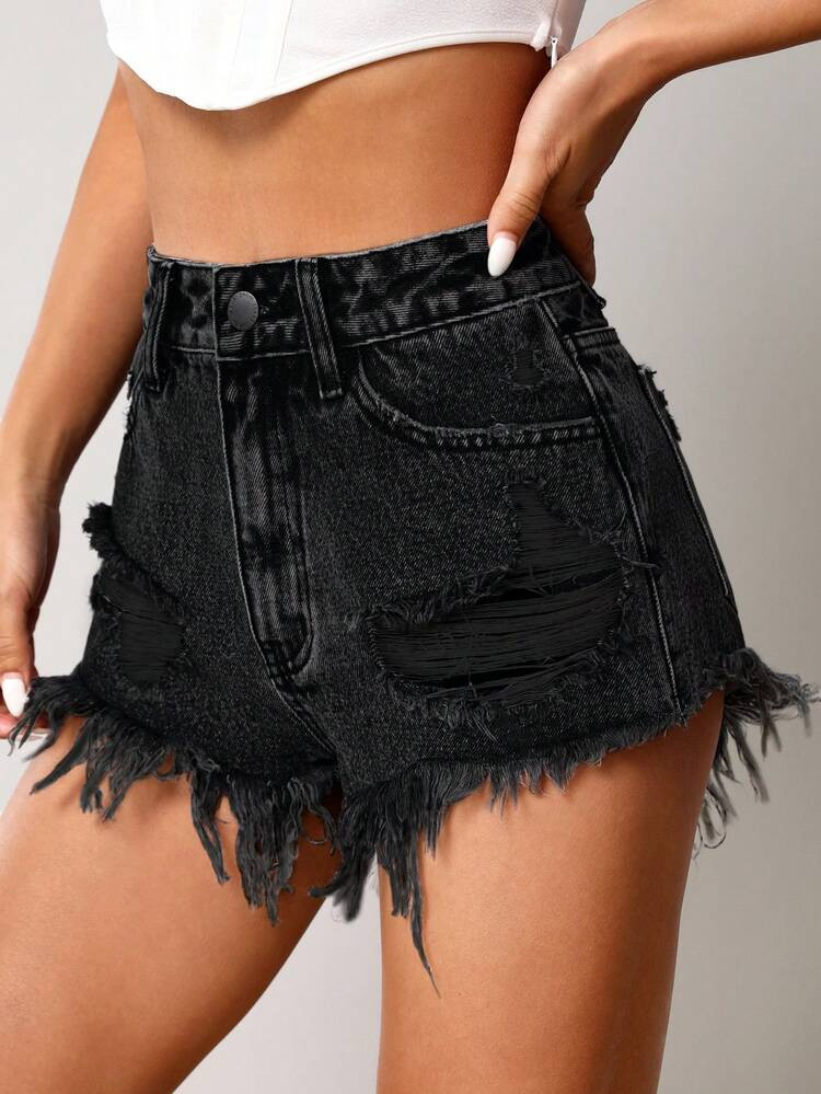 Ripped Raw Hem Denim Shorts | SHEIN