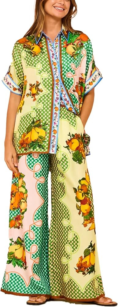 Womens 2 Piece Boho Print Summer Beachwear Suit Sets Short Sleeve Button Down Shirt Wide Leg Pant... | Amazon (US)