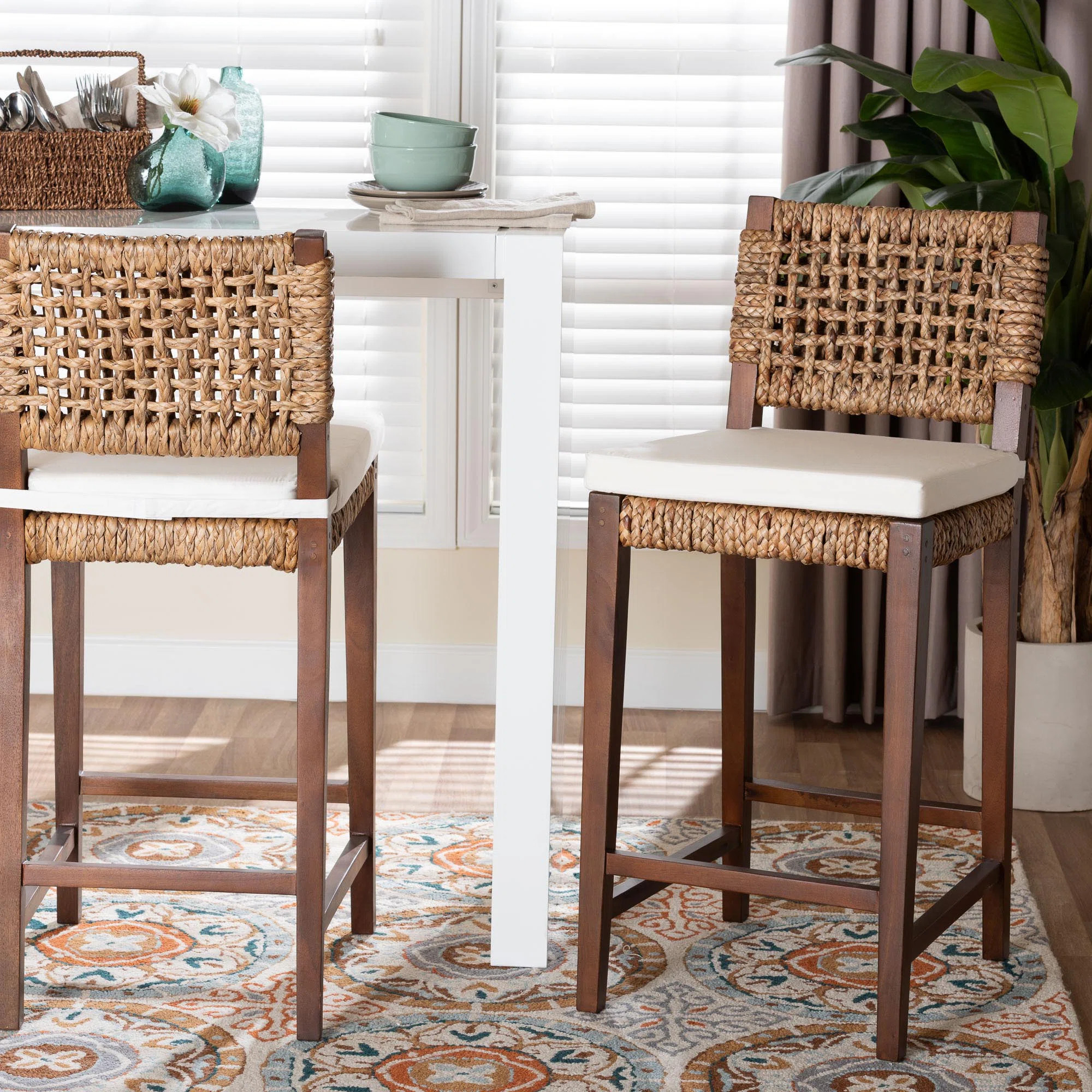 Bali & Pari Alise Handwoven Seagrass Bar Stool With Mahogany Wood Frame – Bar-Height Chair With... | Wayfair North America