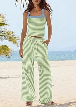 Yanekop Womens 2 Piece Pants Set Summer Striped Matching Lounge Set Sleeveless Casual Sets Vacati... | Amazon (US)
