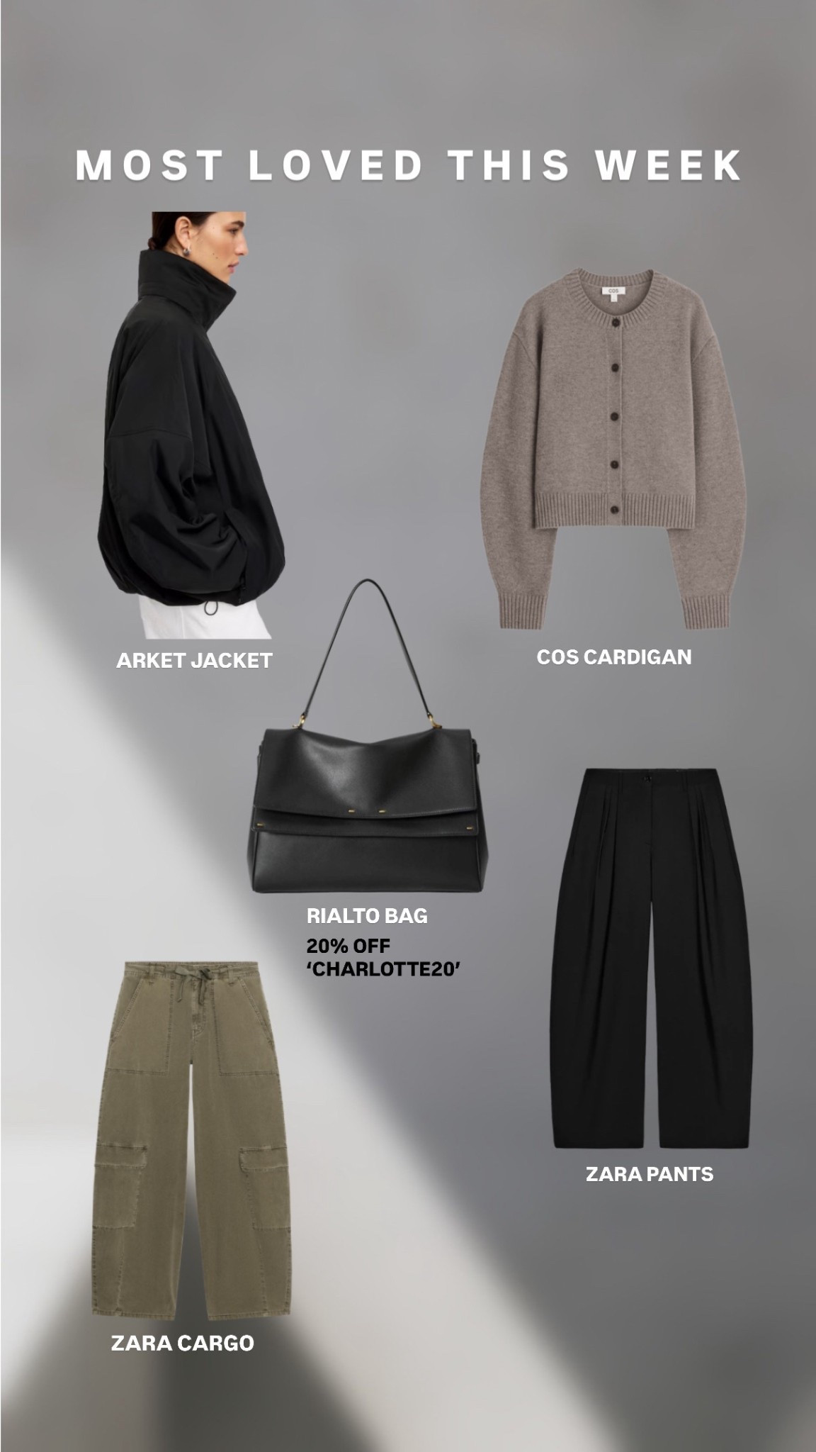 Top 5 this week

Arket windbreaker funnel neck jacket 
COS cardigan 
RIALTO handbag - use code ‘Charlotte20’ for a discount (ad)
Zara cargo trousers 
Zara barrel leg trousers 

#zara #top5 

#LTKuk #LTKbag #LTKspring