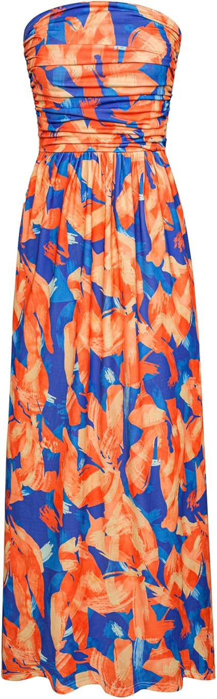 GRACE KARIN Women Strapless Casual Loose Ruched Long Maxi Dress with Pockets | Amazon (US)