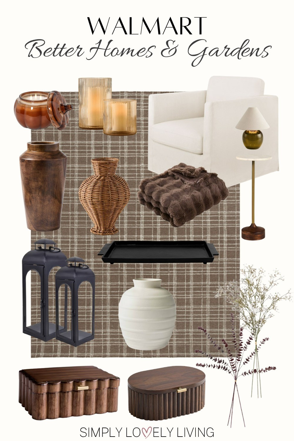 Better Home and Garden Fall decor. My top picks at Walmart! Brown plaid area rug. White upholstered accent chair. Tiny accent table. Tiny portable lamp. Woven vase, wooden vase, white vase. Fall florals. Black lanterns. Black tray. Wooden decorative boxes. Glass ribbed candle holders. Pumpkin candle. Brown cozy throw blanket. #falldecor

#LTKHome #LTKSeasonal