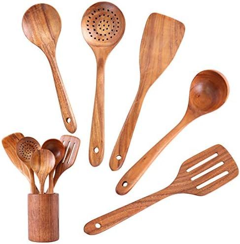 InnoStrive Wooden Spoons For Cooking 6 pack Wooden Utensils For Kitchen Natural Teak Wooden Spoon... | Amazon (US)