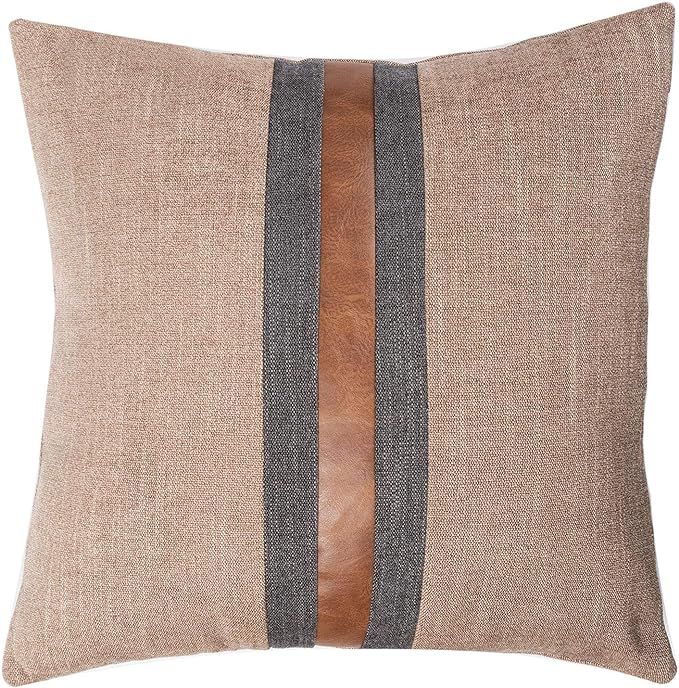 BOYSUM Farmhouse Decorative Outdoor Throw Pillow Covers for Couch Sofa Bed Brown Faux Leather Acc... | Amazon (US)
