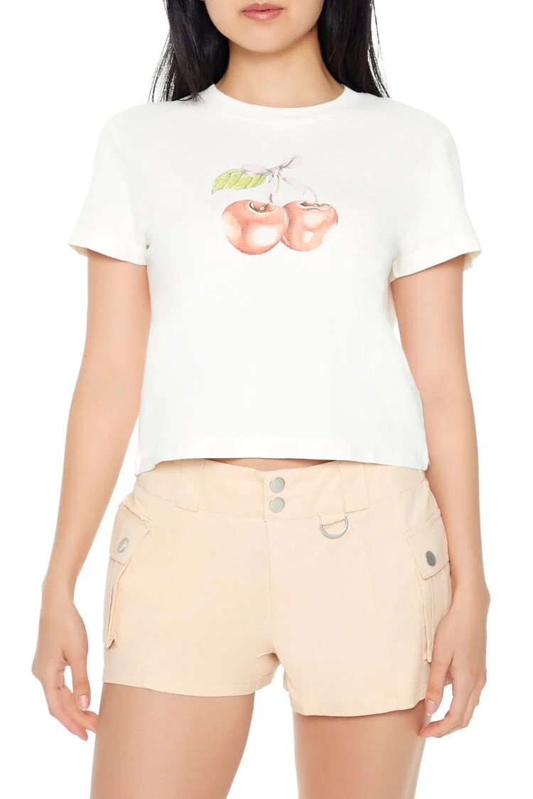 Women's Cherry Graphic Baby T-Shirt in Cream, XS | Forever 21