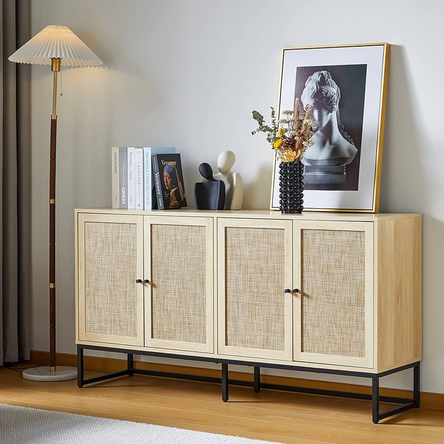 QEIUZON Modern Sideboard Cabinet, Accent Storage Cabinet with Rattan Doors and Adjustable Shelves... | Amazon (US)