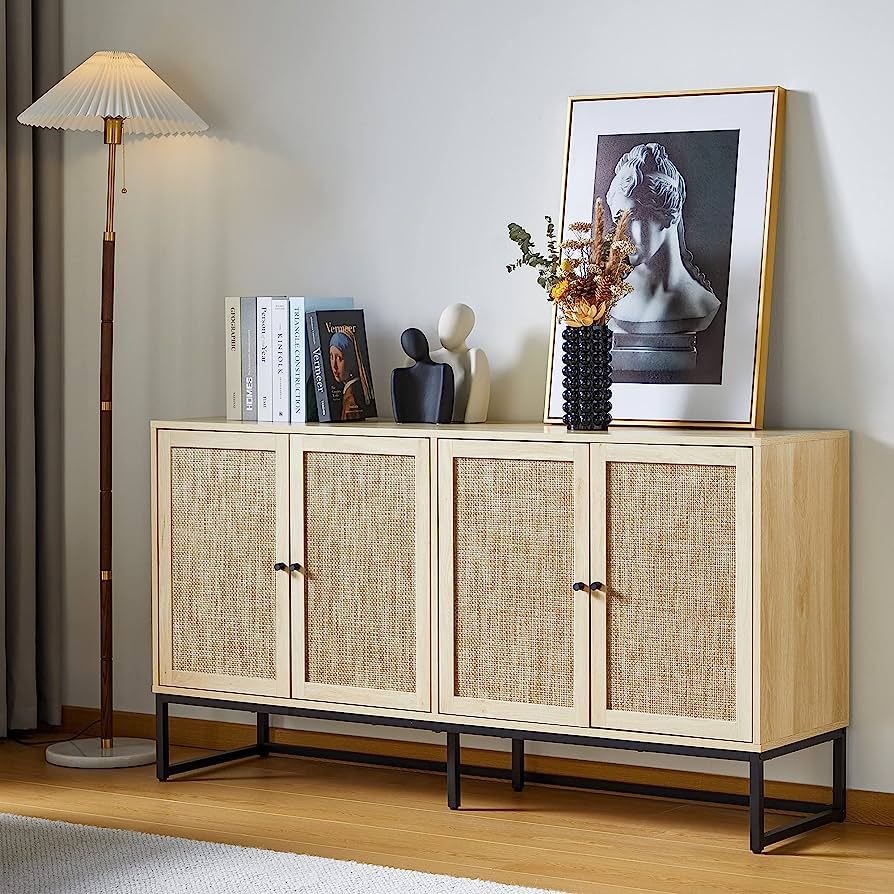 QEIUZON Modern Sideboard Cabinet, Accent Storage Cabinet with Rattan Doors and Adjustable Shelves... | Amazon (US)