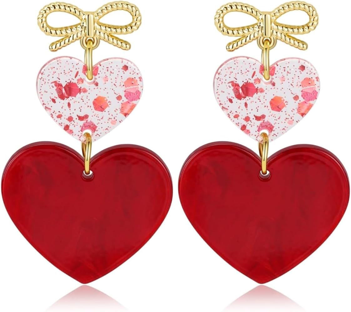 Valentine's Day Earrings for Women - Red Heart 14K Gold Plated Bow Dangle Jewelry, Valentines Day... | Amazon (US)