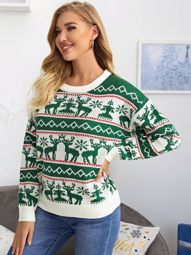 Drop Shoulder Christmas Pattern Sweater | SHEIN