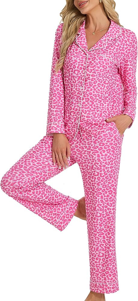 U2SKIIN Leopard Print Pajamas for Women Notch Collar Long Sleeve Pjs Button Down Soft Sleepwear 2... | Amazon (CA)