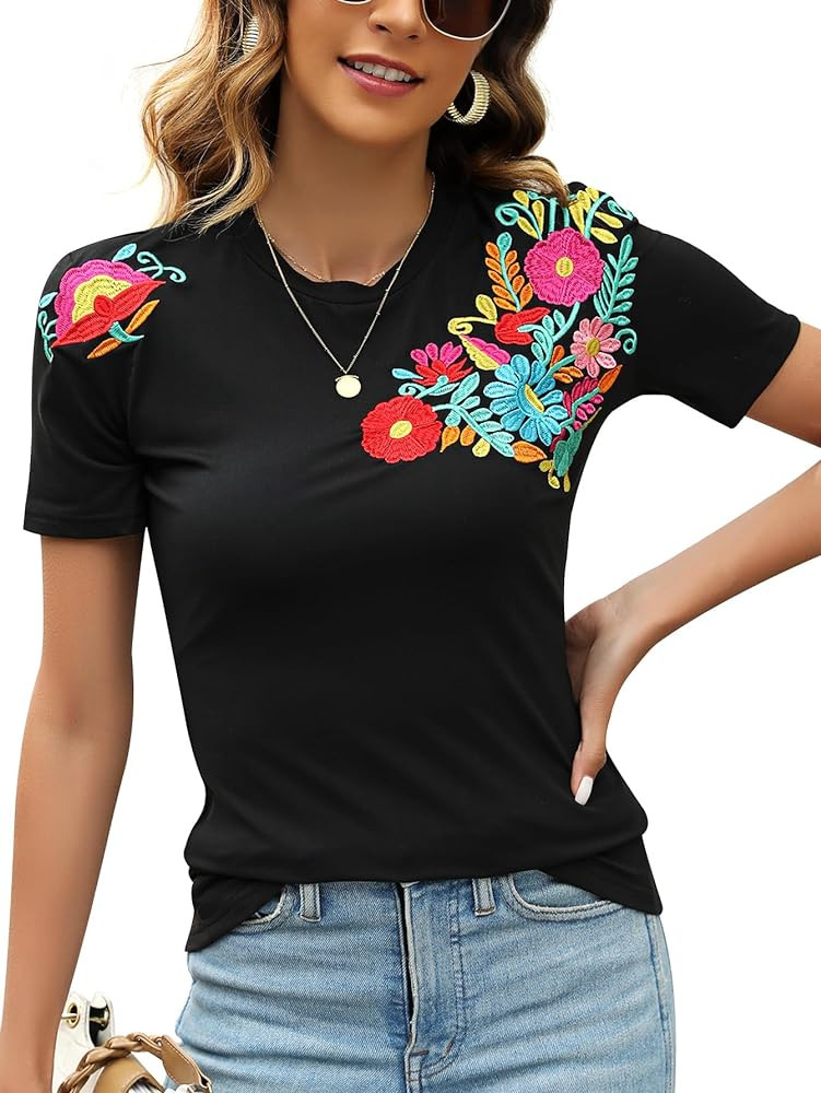 Mexican Shirts for Women Embroidered Tops Traditional Summer Blouse Women's Floral Tunic Round Ne... | Amazon (US)