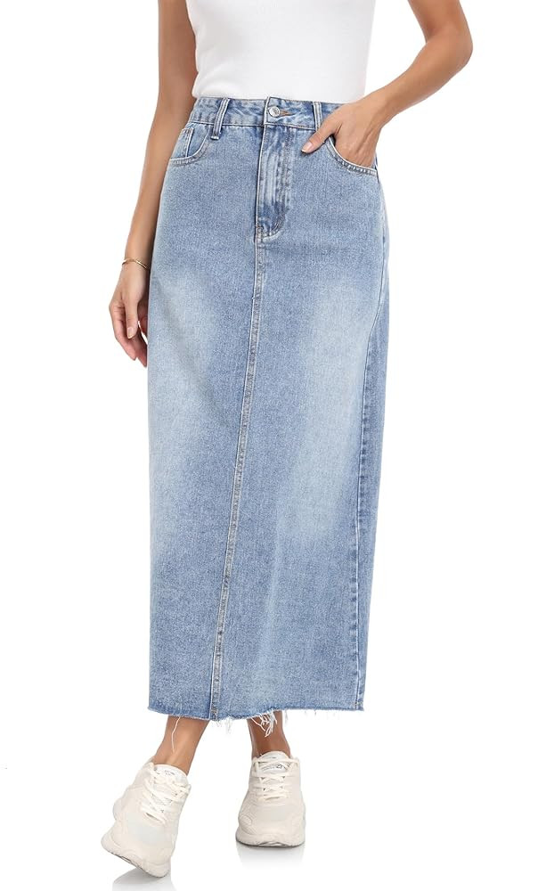 MISS MOLY Women's Jean Skirt Stretch High Waisted Frayed Raw Hem A Line Denim Midi Skirt with Poc... | Amazon (US)