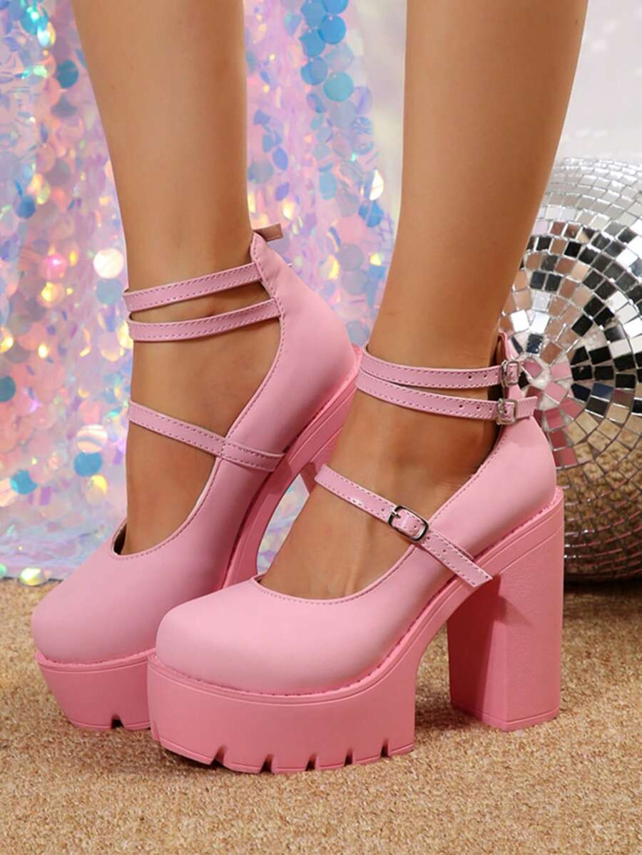 2024 Spring New Large Size Women's Shoes, European And American Style One-Strap Pink Chunky Heel ... | SHEIN