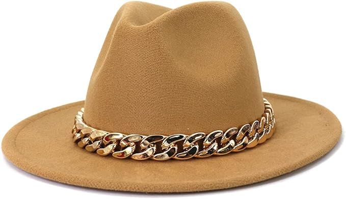 Women Vintage Wide Brim Fedora Hat with Chain Belt Felt Panama Hat | Amazon (US)