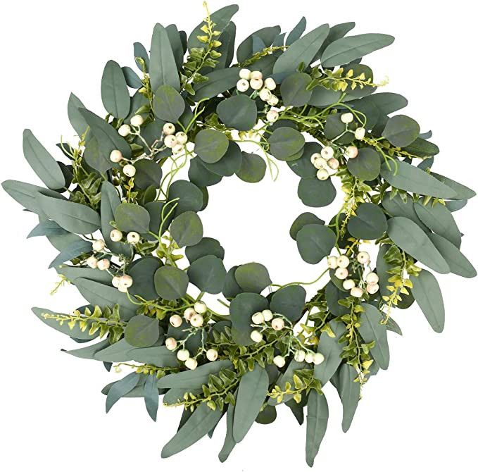 18" Green Wreath,Artificial Eucalyptus Wreath with Fern Leaves and Round Cream Berries for Spring... | Amazon (US)