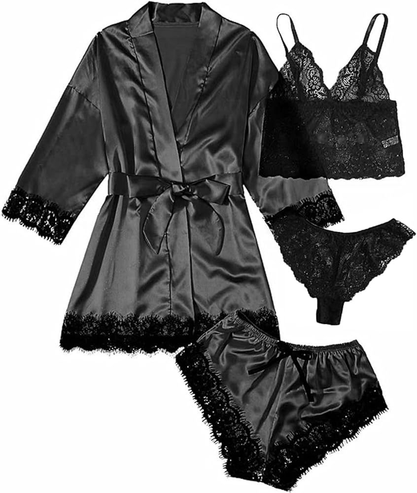 XSPQGQ Women's 4 Pieces Satin Floral Lace Cami Top Satin Pajama Set with Robe S-XL | Amazon (US)
