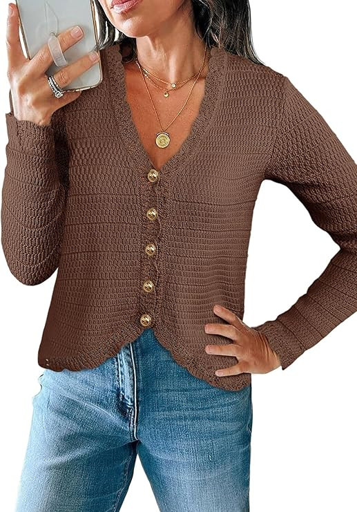 Saodimallsu Womens V Neck Cardigan Sweaters Button Up Cropped Boho Knit Long Sleeve Loose Trendy ... | Amazon (US)