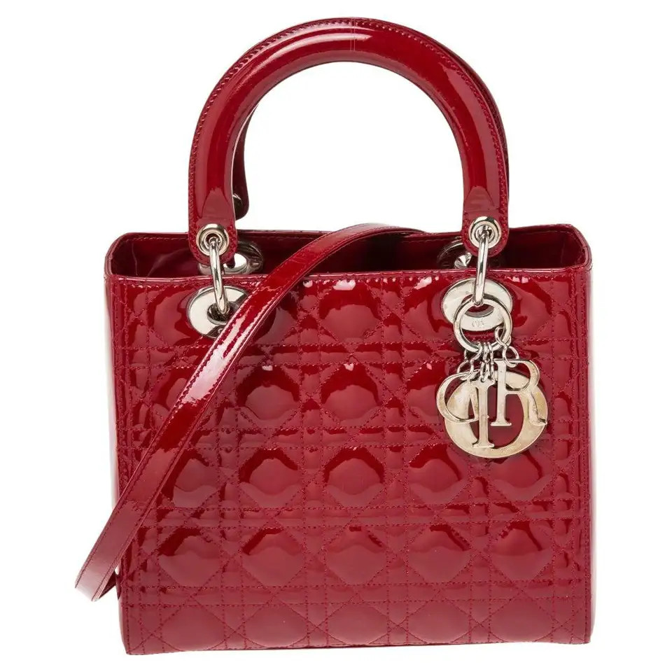 Dior Red Cannage Patent Leather Medium Lady Dior Tote | 1stDibs