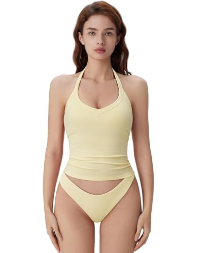 SUUKSESS Women Halter Tank Top with Built in Bra Cotton Ribbed V Neck Fitted Basic Going Out Summer Tops (Butter Yellow,M) | Amazon (US)